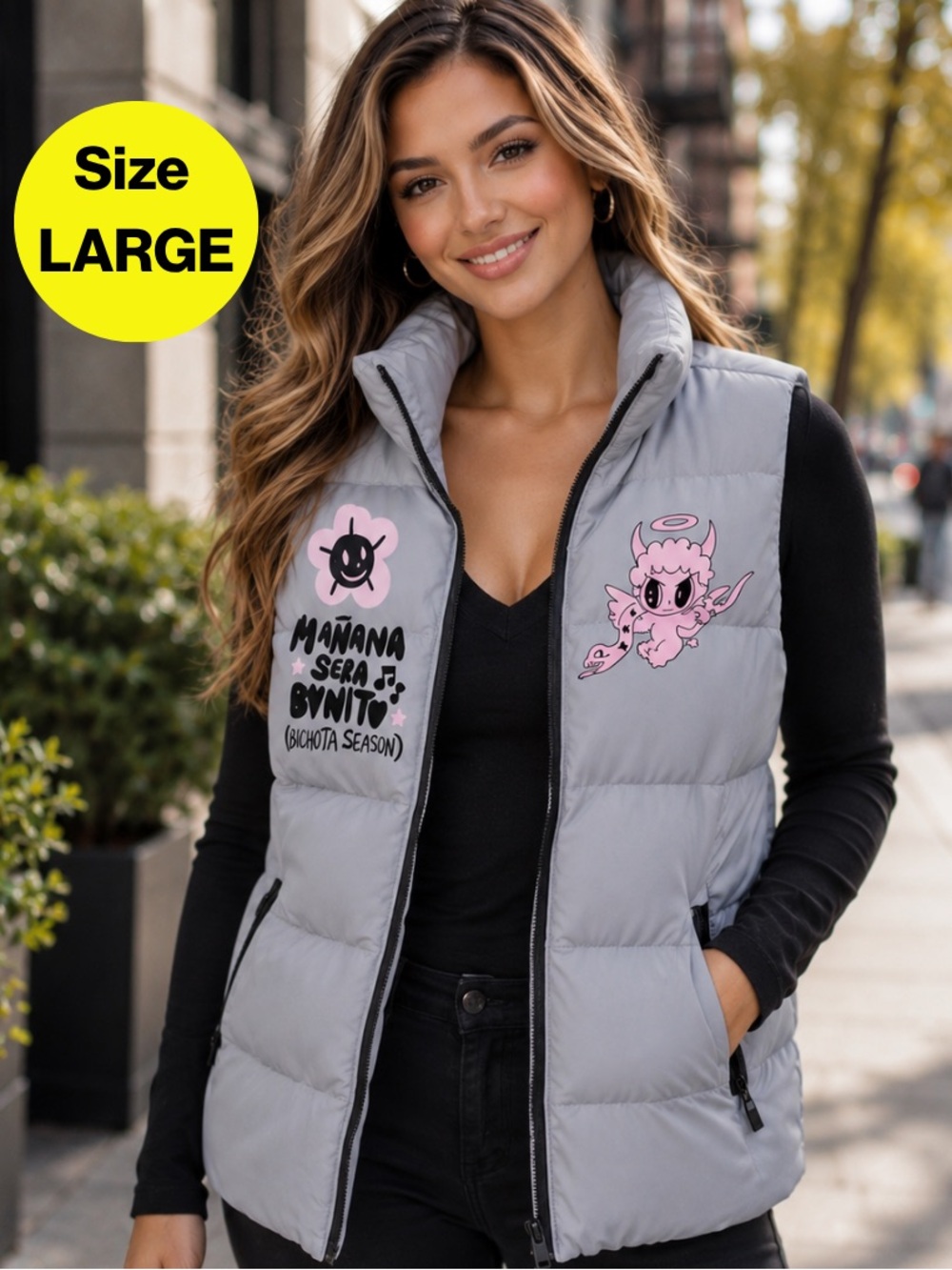 KAROL G 🌸 La Bichota Sleeveless Puffer Vest, Mañana Será Bonito (Women’s Large)